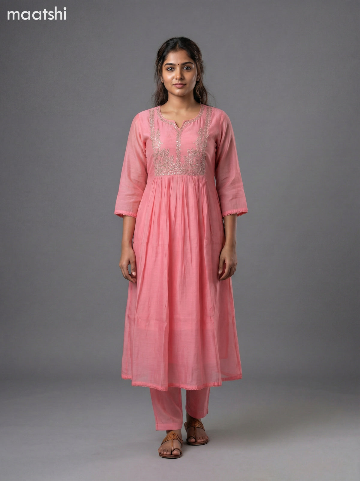 Peach Shade Mul Chanderi Embroidery Work Anarkali Suit