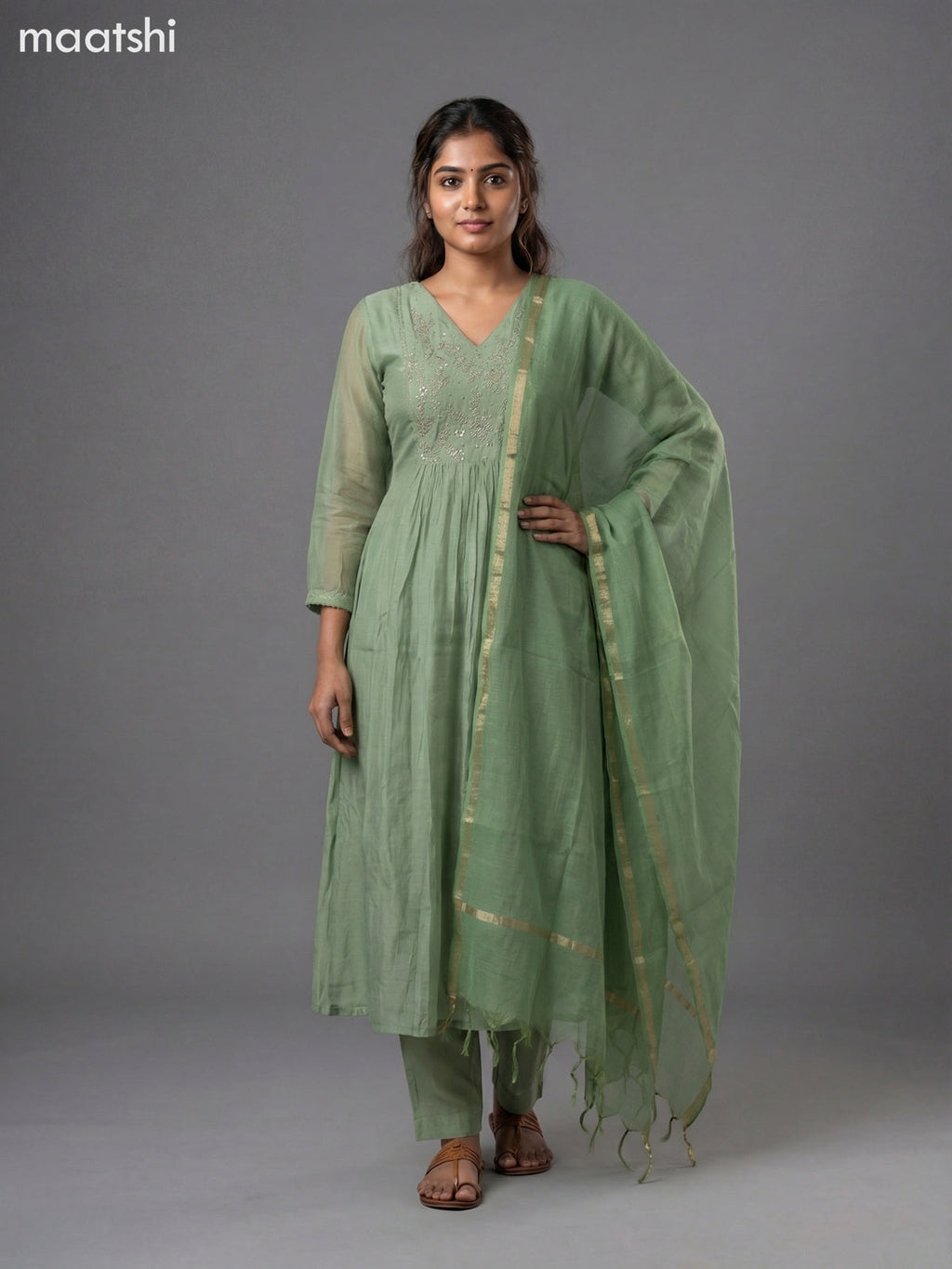 Pastel Green Mul Chanderi Embroidery Work Anarkali Suit