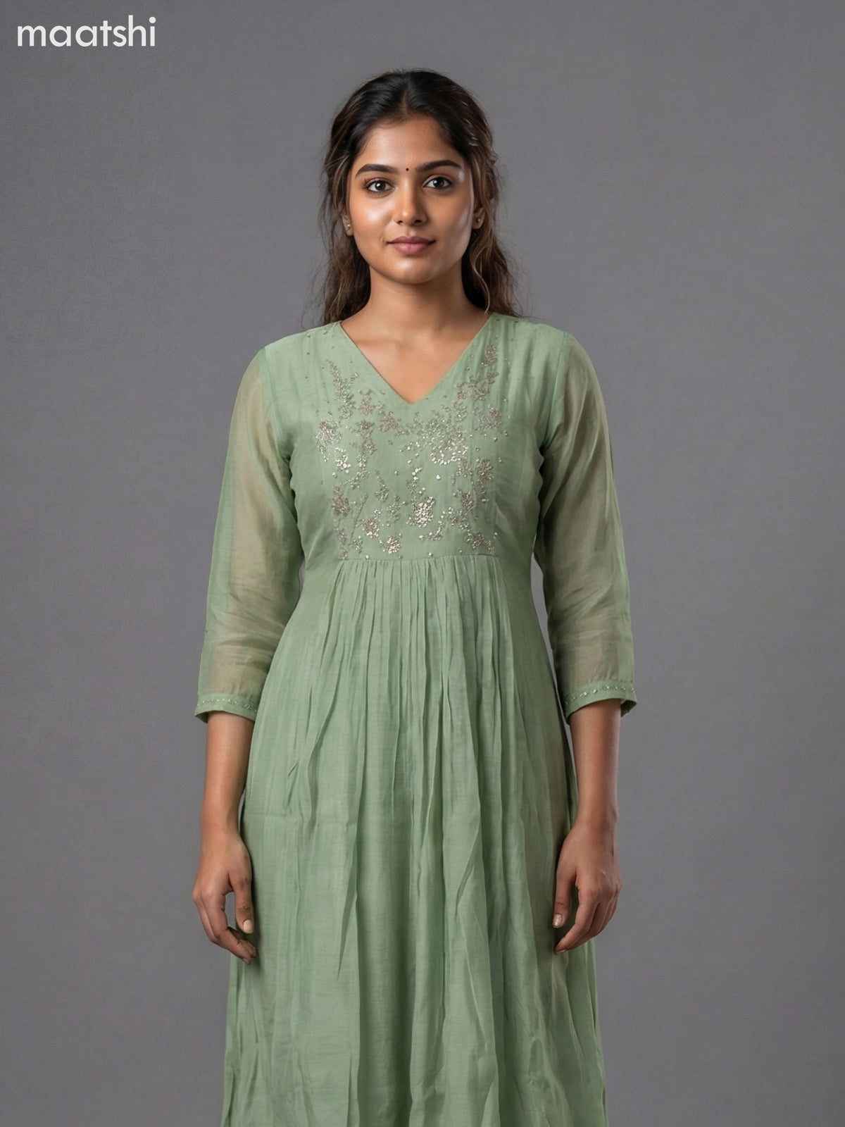 Pastel Green Mul Chanderi Embroidery Work Anarkali Suit