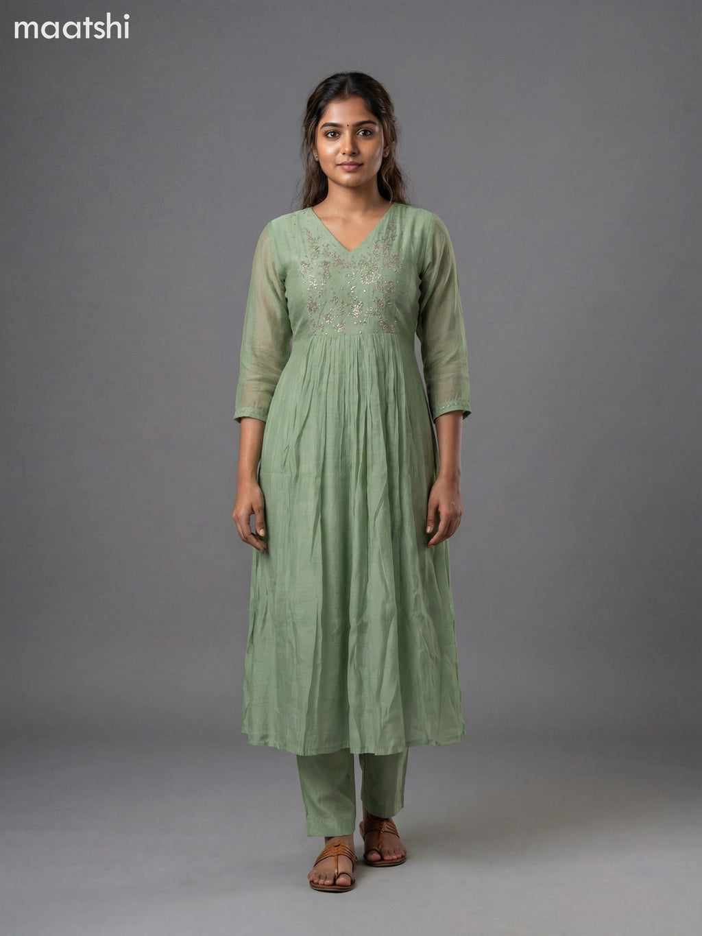 Pastel Green Mul Chanderi Embroidery Work Anarkali Suit