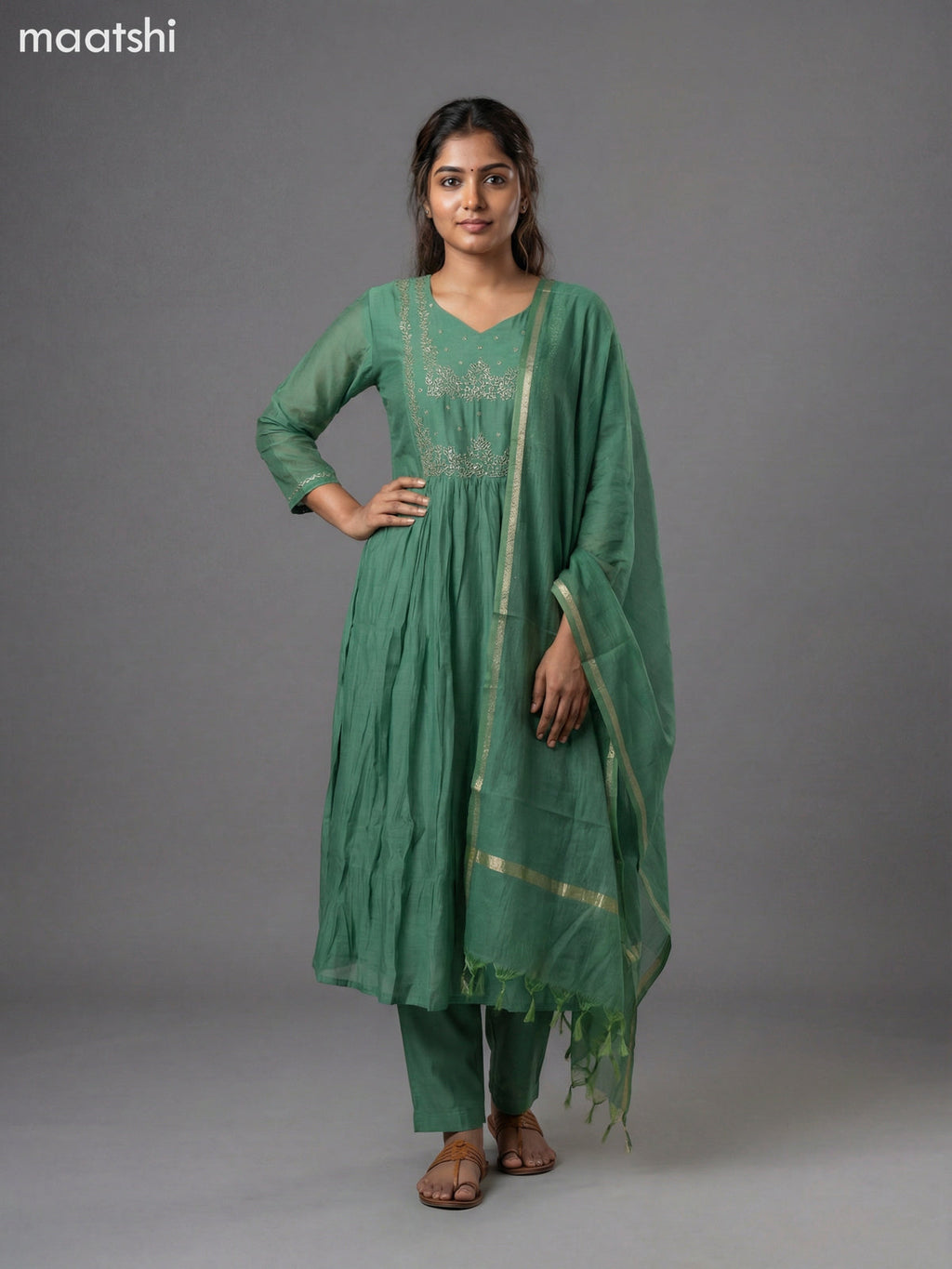 Green Shade Mul Chanderi Embroidery Work Anarkali Suit