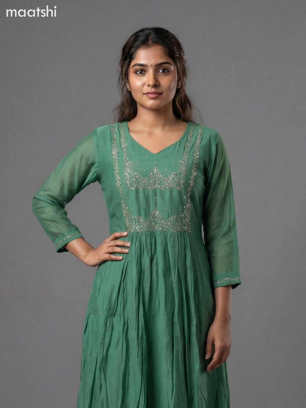 Green Shade Mul Chanderi Embroidery Work Anarkali Suit