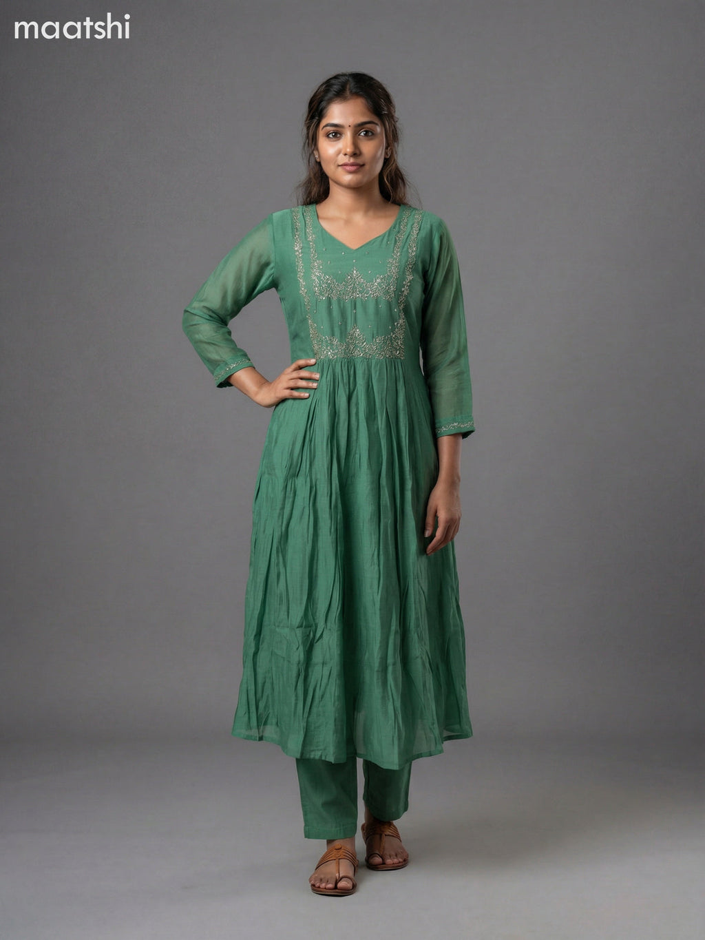 Green Shade Mul Chanderi Embroidery Work Anarkali Suit