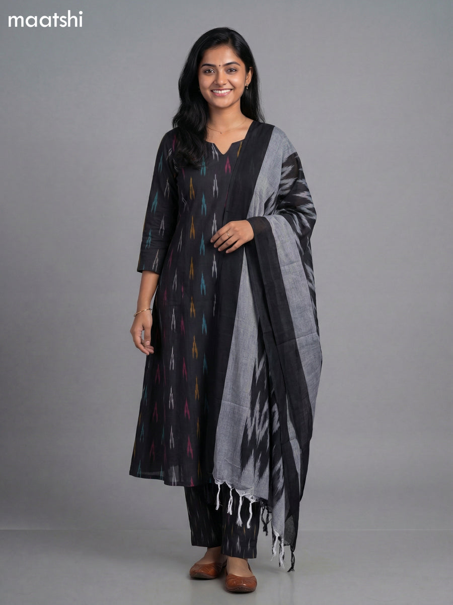 Black Cotton Ikat Weaves A-Line Suit