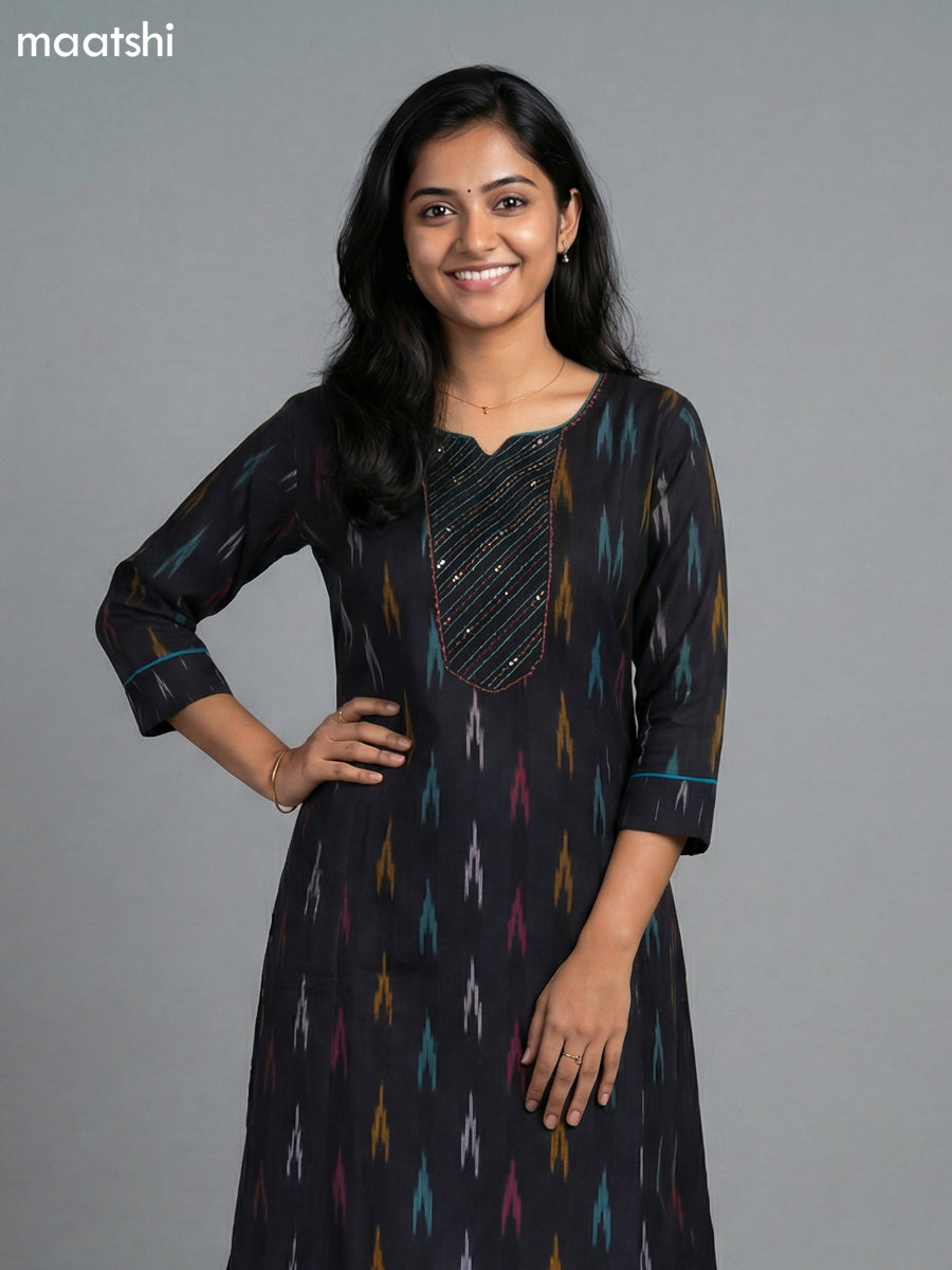 Black Cotton Ikat Weaves A-Line Suit