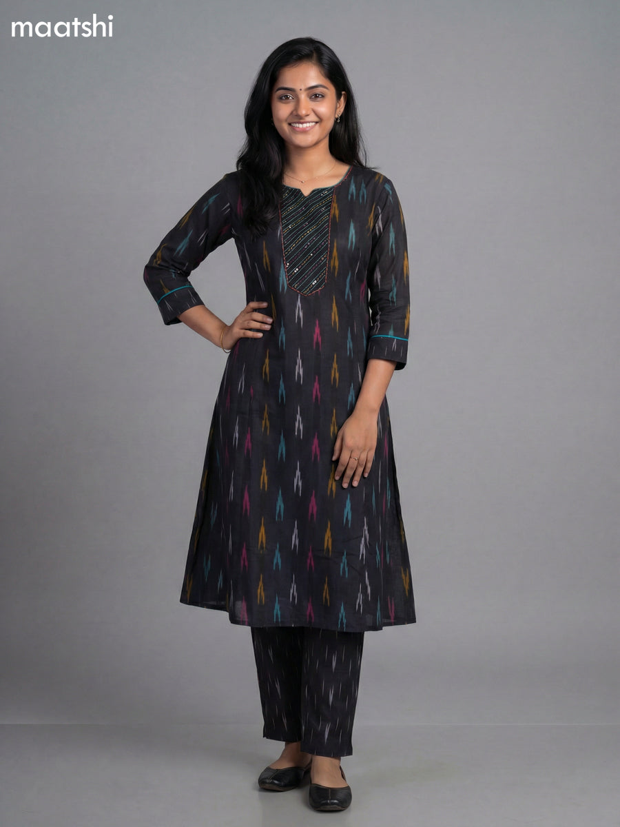Black Cotton Ikat Weaves A-Line Suit