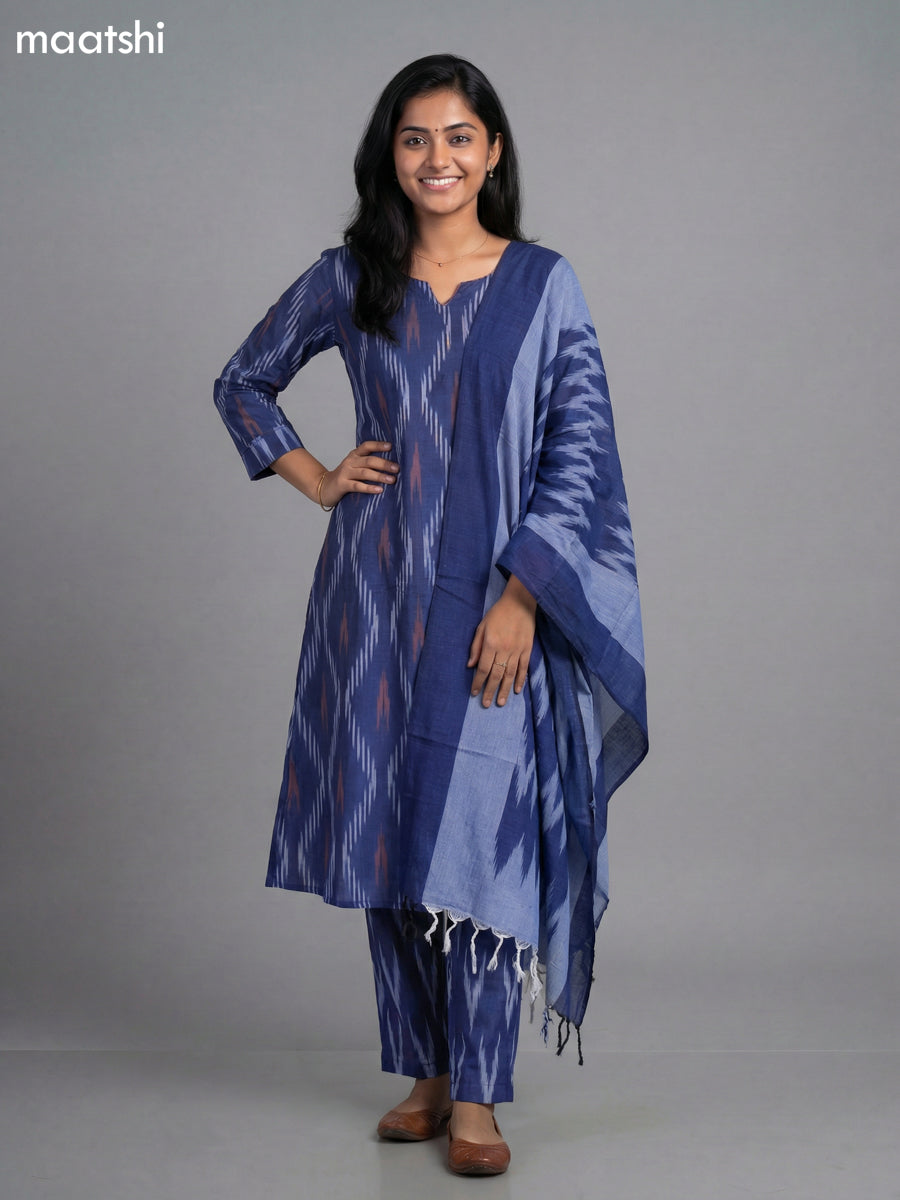 Blue Cotton Ikat Weaves A-Line Suit