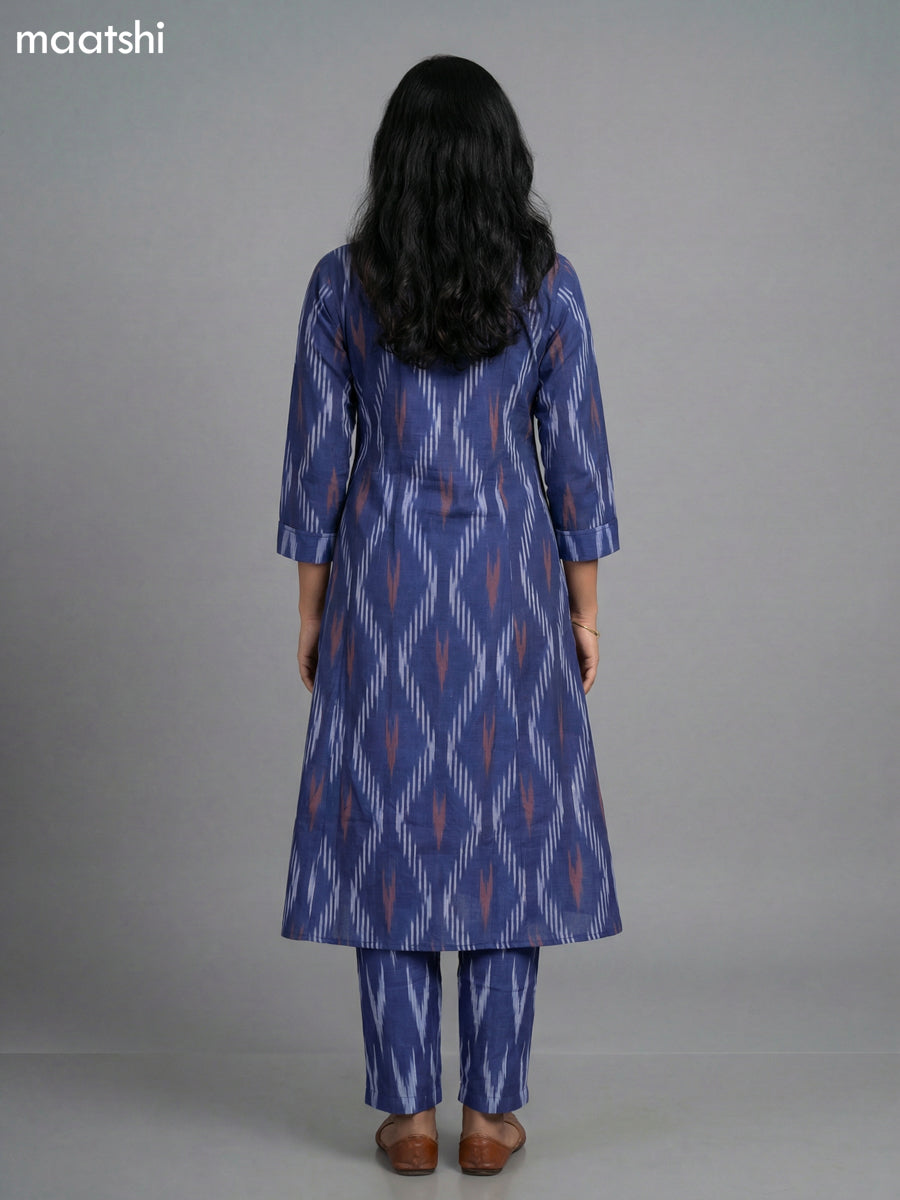 Blue Cotton Ikat Weaves A-Line Suit