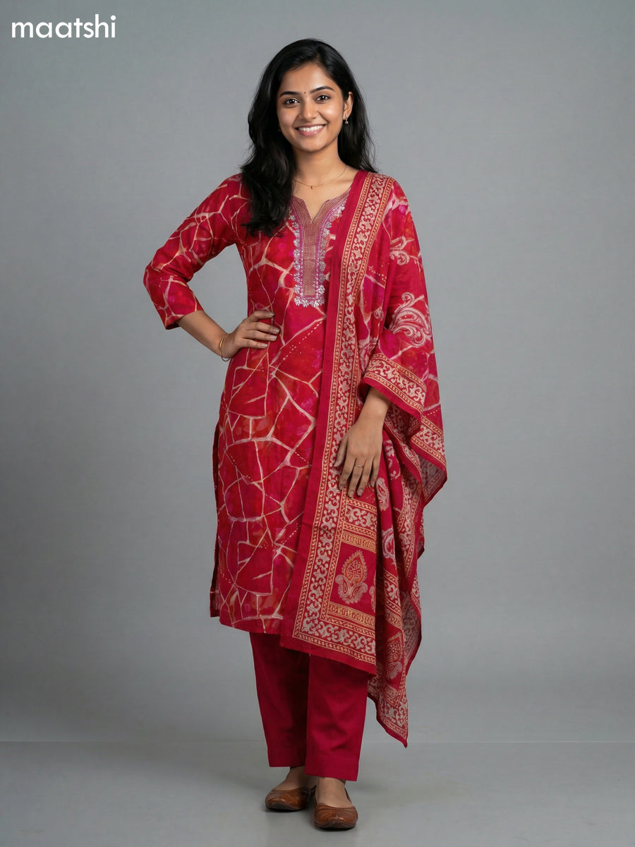 Rani Pink Rayon Thread Embroidery & Mirror Work Straight Suit