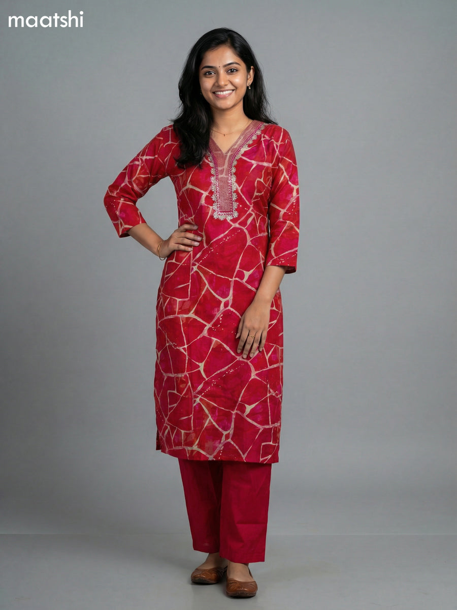 Rani Pink Rayon Thread Embroidery & Mirror Work Straight Suit