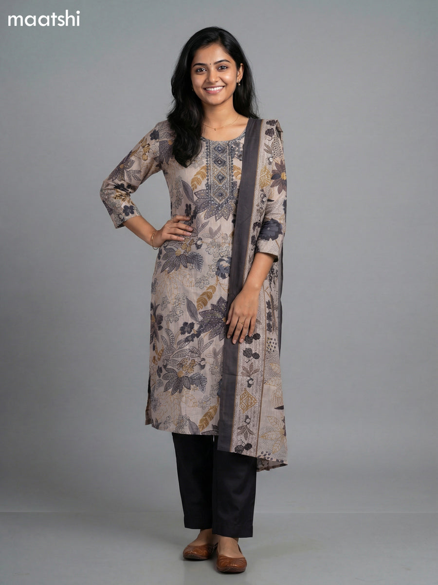 Black and Beige Rayon Thread Embroidery & Mirror Work Straight Suit