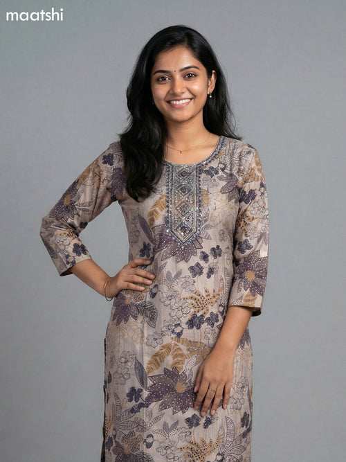 Black and Beige Rayon Thread Embroidery & Mirror Work Straight Suit