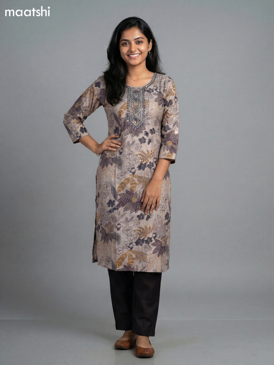 Black and Beige Rayon Thread Embroidery & Mirror Work Straight Suit
