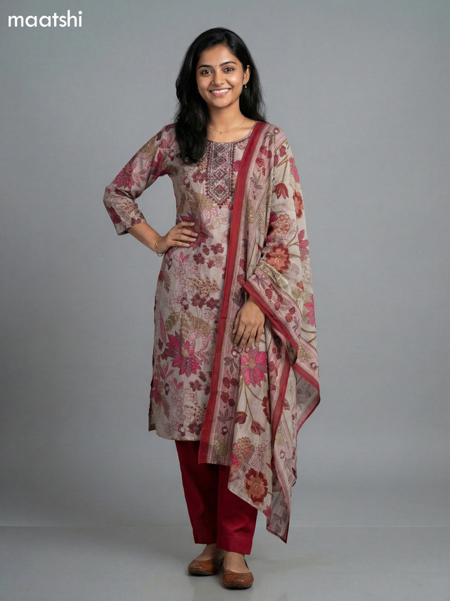 Maroon and Beige Rayon Thread Embroidery & Mirror Work Straight Suit