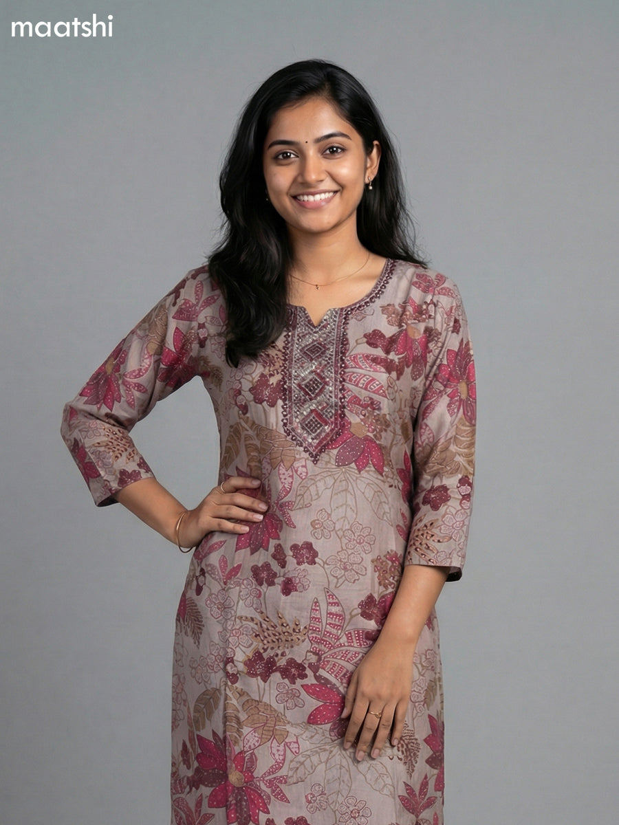 Maroon and Beige Rayon Thread Embroidery & Mirror Work Straight Suit