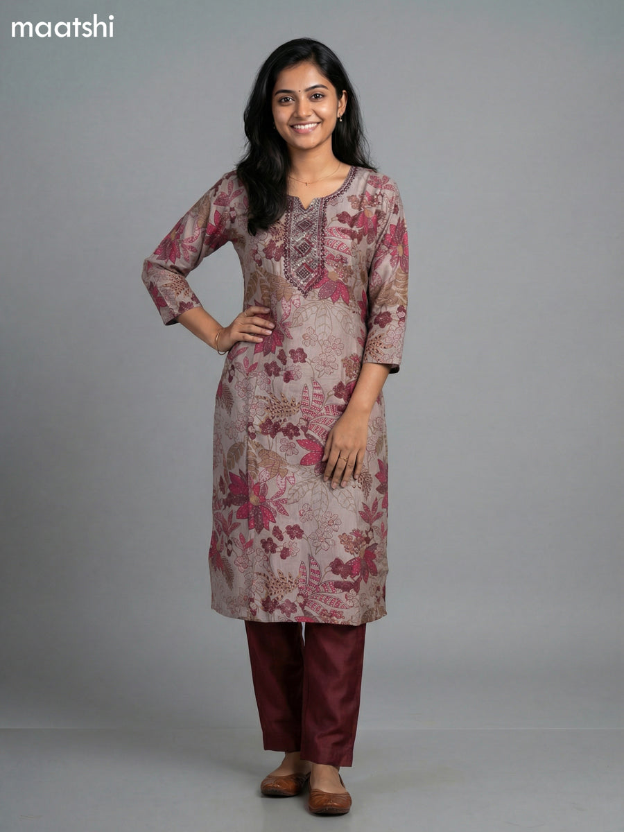 Maroon and Beige Rayon Thread Embroidery & Mirror Work Straight Suit