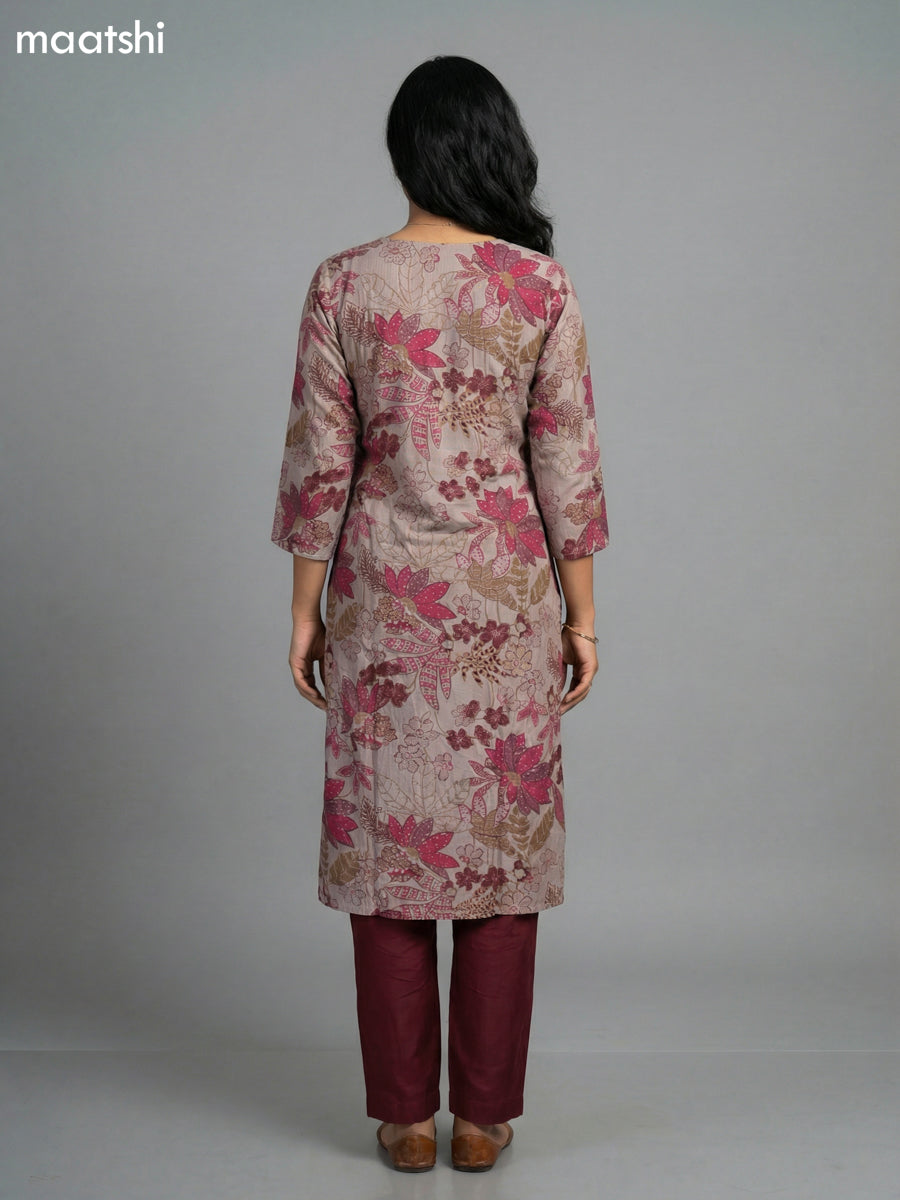 Maroon and Beige Rayon Thread Embroidery & Mirror Work Straight Suit