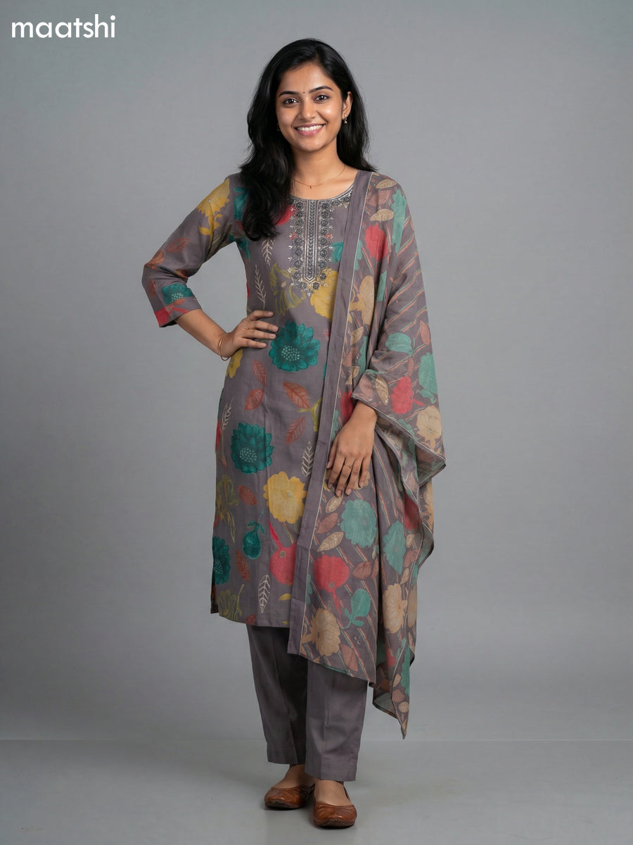 Grey Rayon Thread Embroidery & Mirror Work Straight Suit