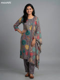Grey Rayon Thread Embroidery & Mirror Work Straight Suit