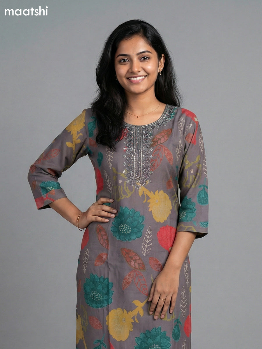Grey Rayon Thread Embroidery & Mirror Work Straight Suit