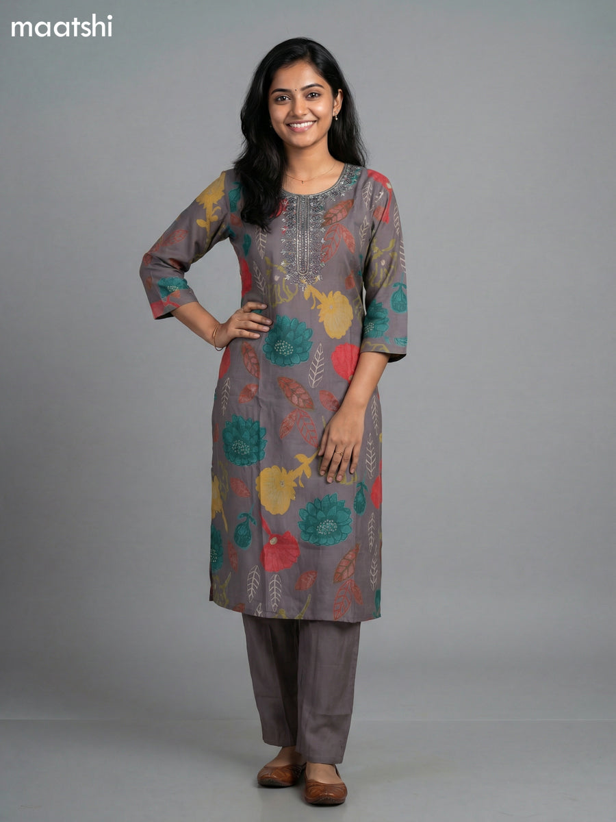 Grey Rayon Thread Embroidery & Mirror Work Straight Suit