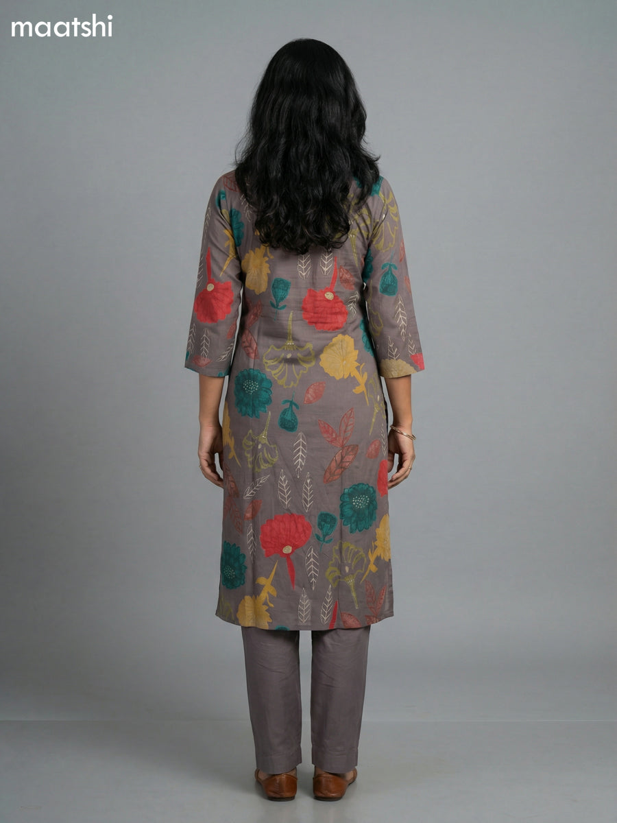 Grey Rayon Thread Embroidery & Mirror Work Straight Suit