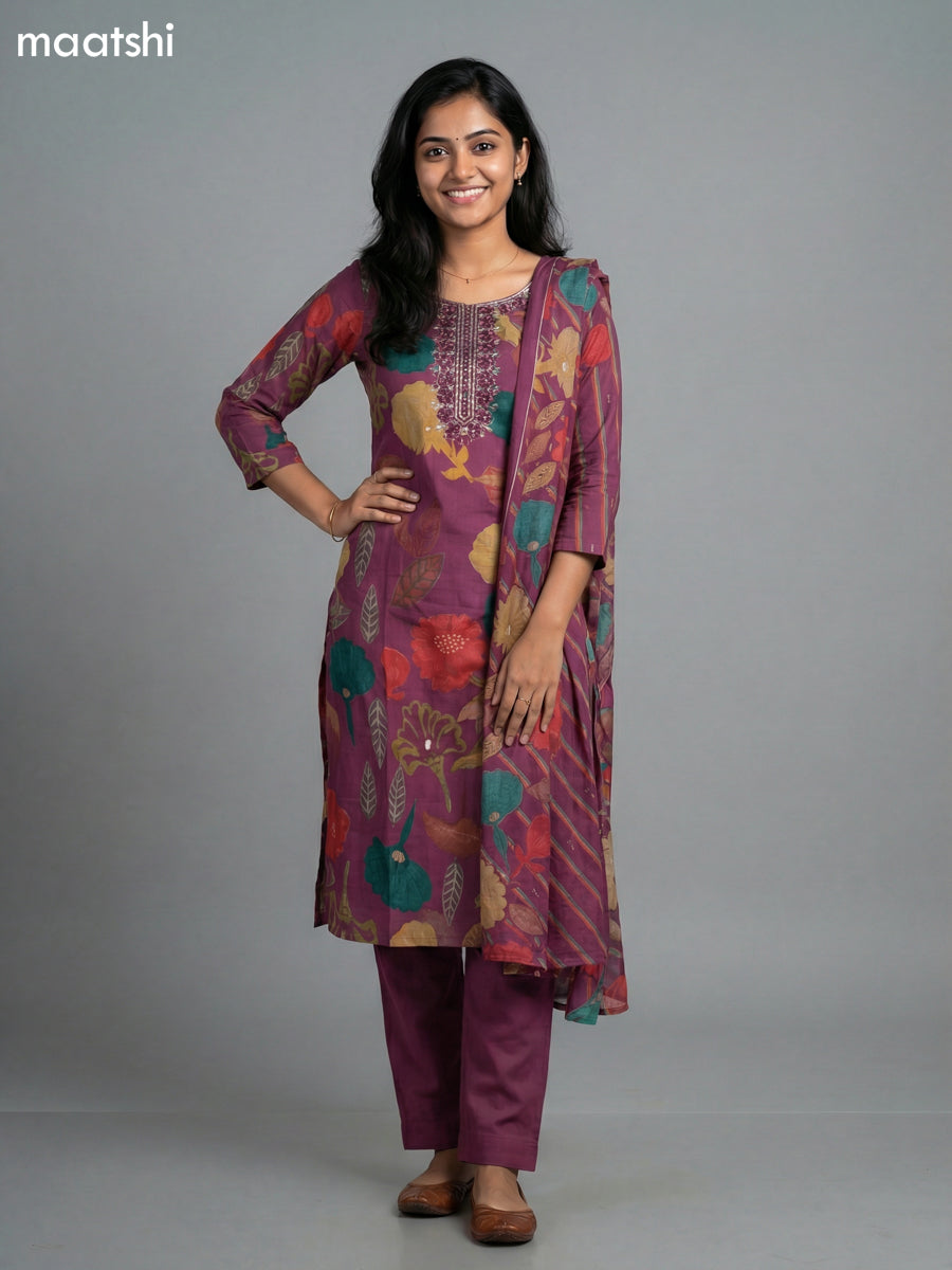 Wine Shade Rayon Thread Embroidery & Mirror Work Straight Suit