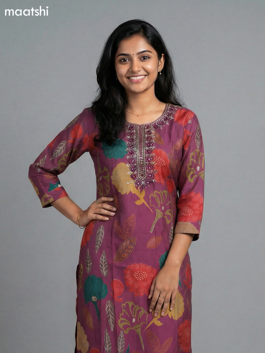 Wine Shade Rayon Thread Embroidery & Mirror Work Straight Suit