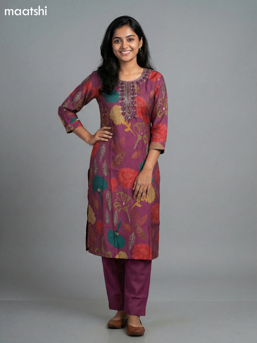 Wine Shade Rayon Thread Embroidery & Mirror Work Straight Suit