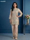 Beige and Blue Linen Silk Floral Printed Short Co-Ord Set