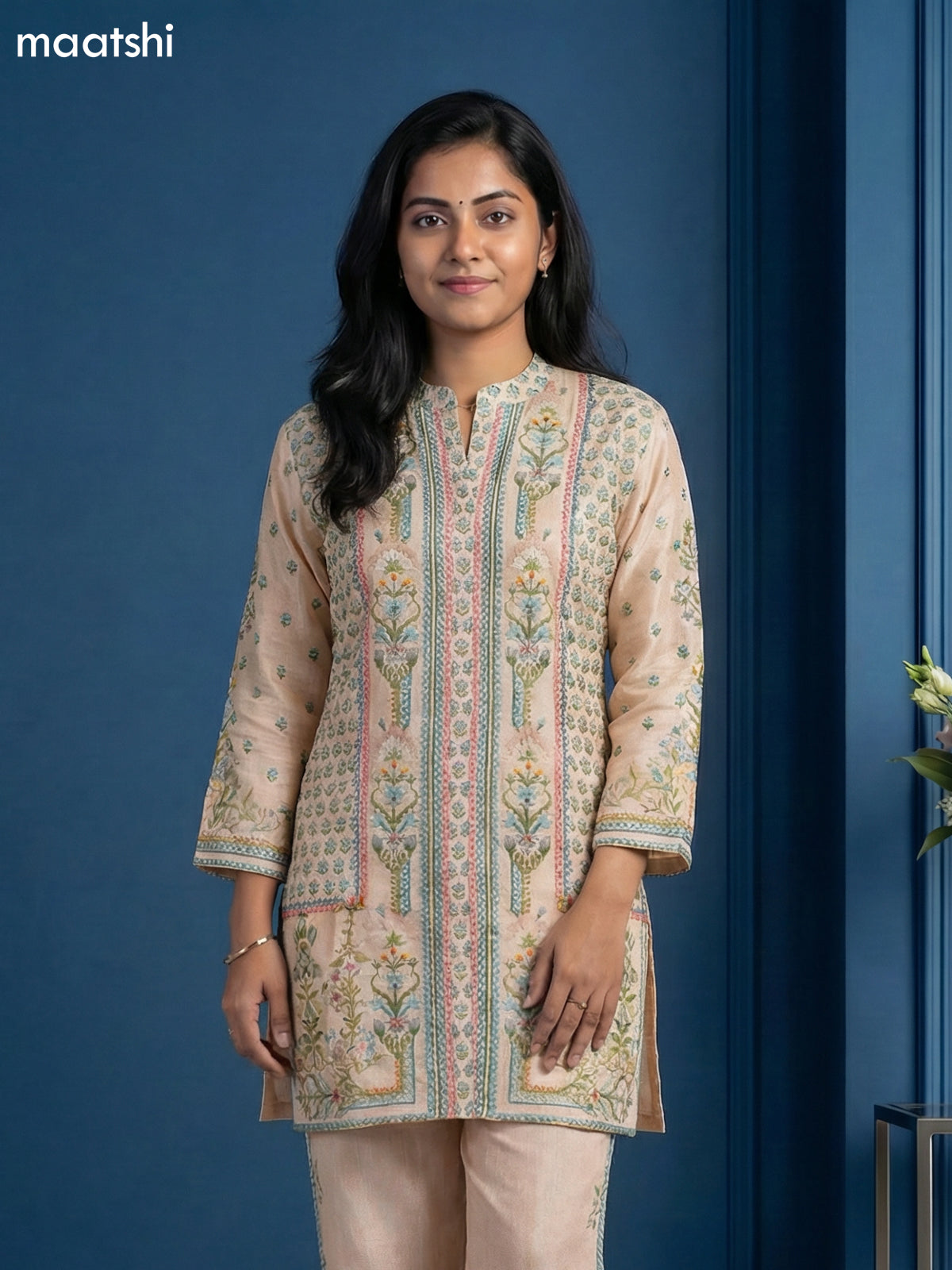 Beige and Blue Linen Silk Floral Printed Short Co-Ord Set