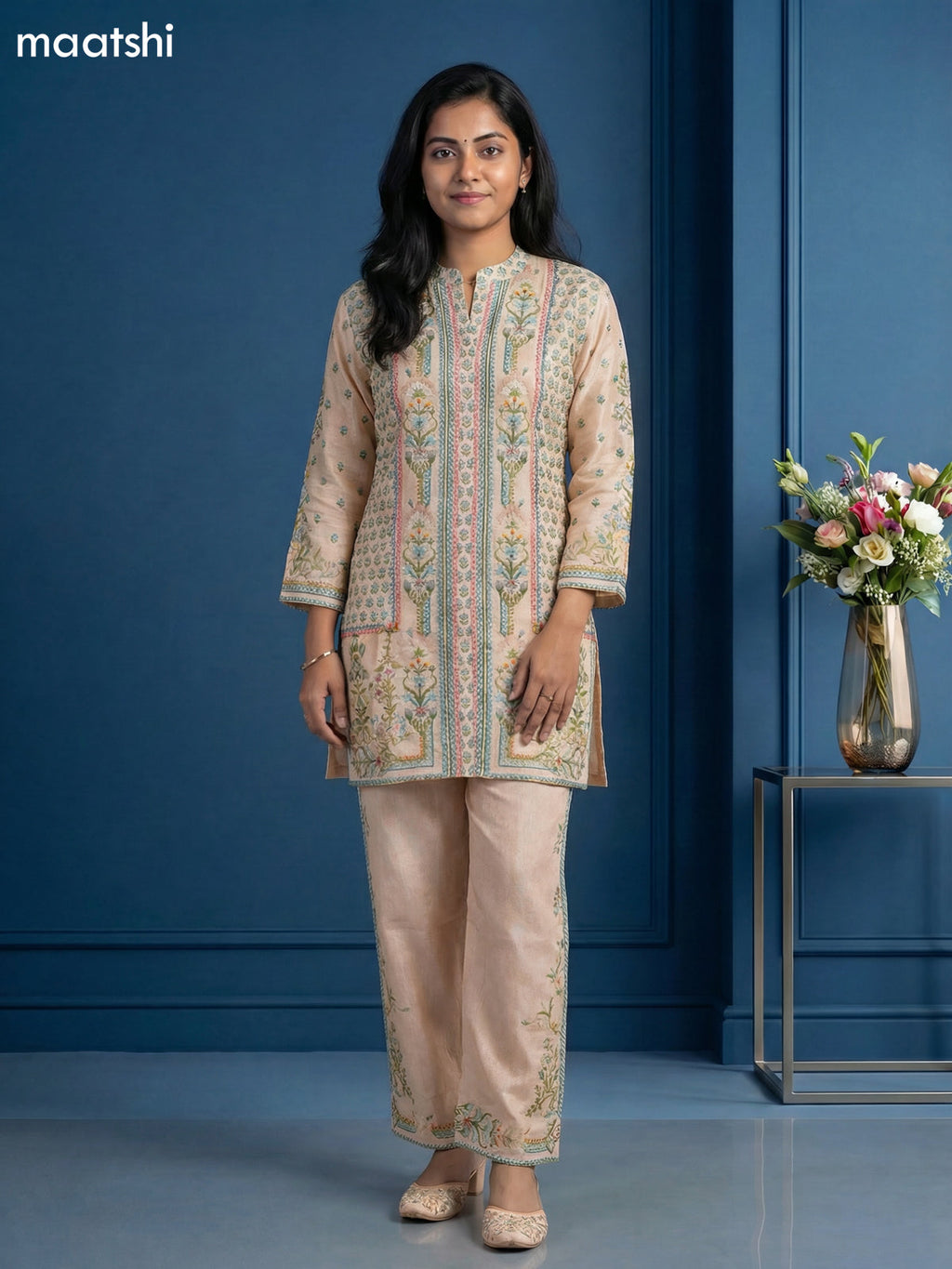 Beige and Blue Linen Silk Floral Printed Short Co-Ord Set