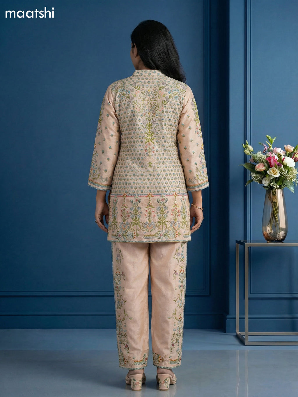 Beige and Blue Linen Silk Floral Printed Short Co-Ord Set