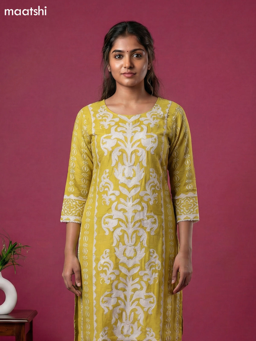 Mustard Yellow and Off White Muslin Printed & Beaded Work Neck Pattern Straight Suit