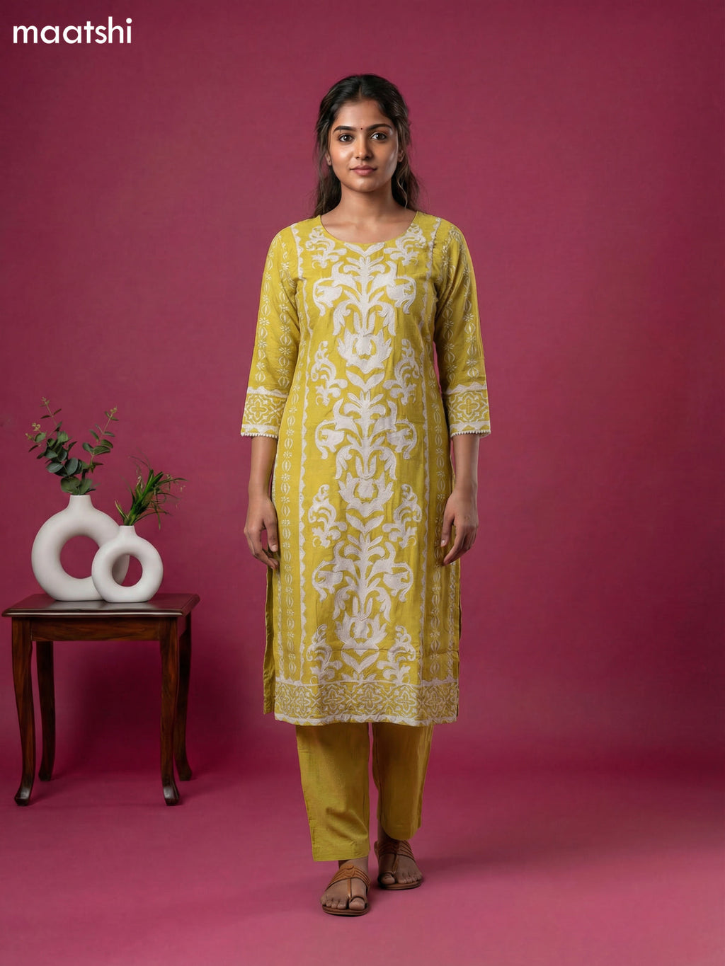 Mustard Yellow and Off White Muslin Printed & Beaded Work Neck Pattern Straight Suit
