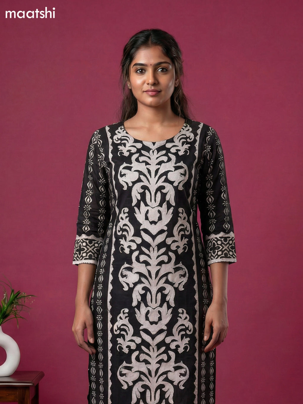 Black and Off White Muslin Printed & Beaded Work Neck Pattern Straight Suit