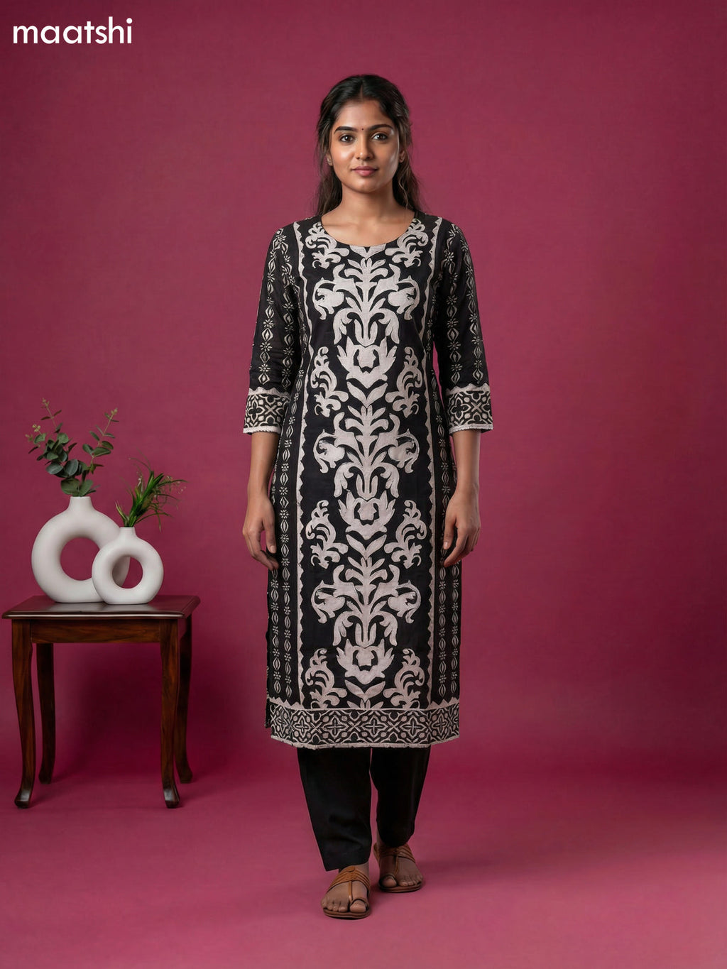 Black and Off White Muslin Printed & Beaded Work Neck Pattern Straight Suit