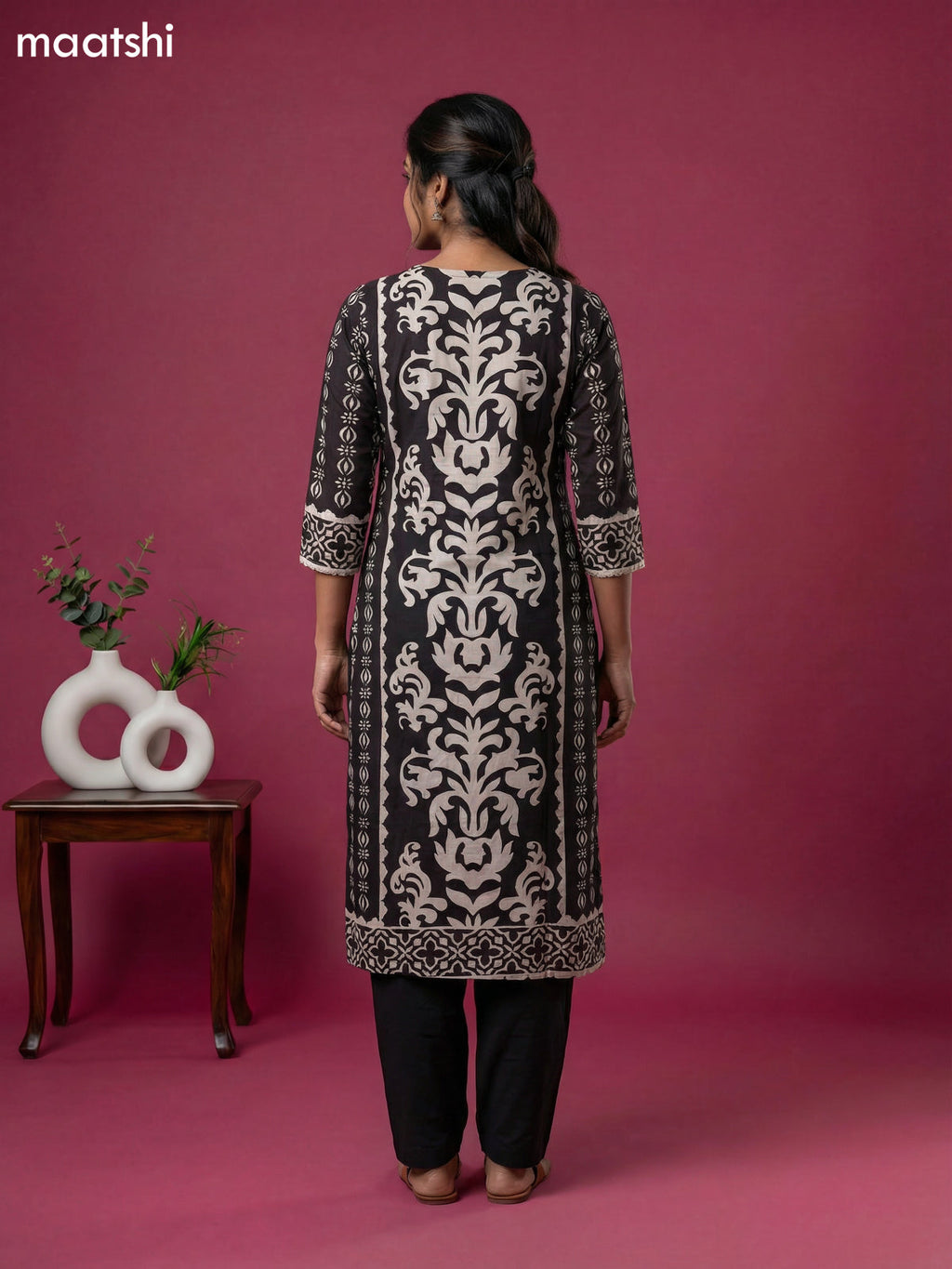 Black and Off White Muslin Printed & Beaded Work Neck Pattern Straight Suit