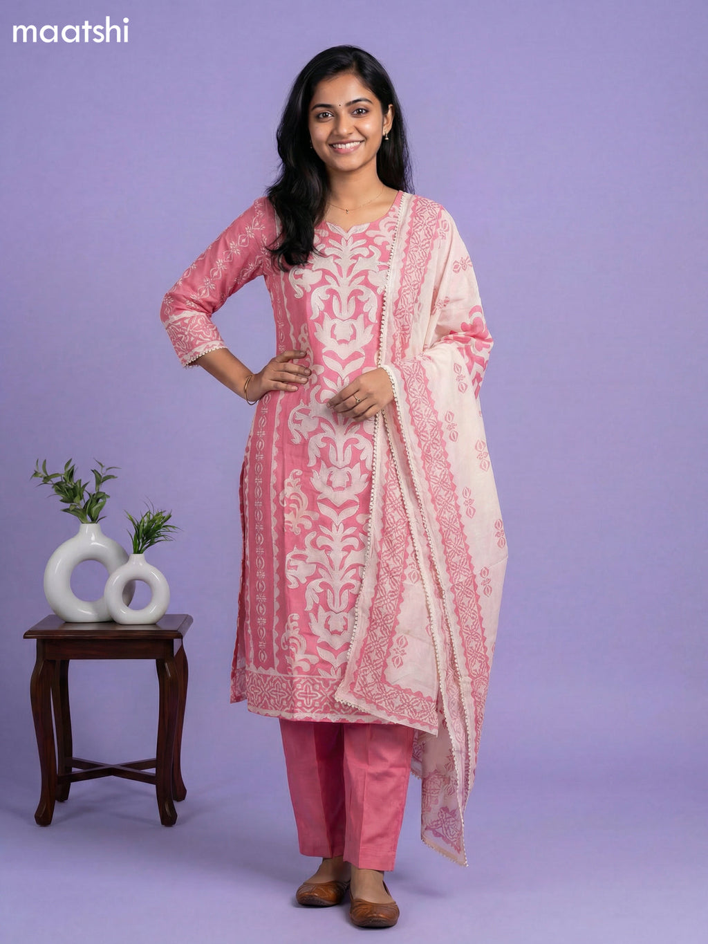 Peach Pink and Off White Muslin Printed & Beaded Work Neck Pattern Straight Suit