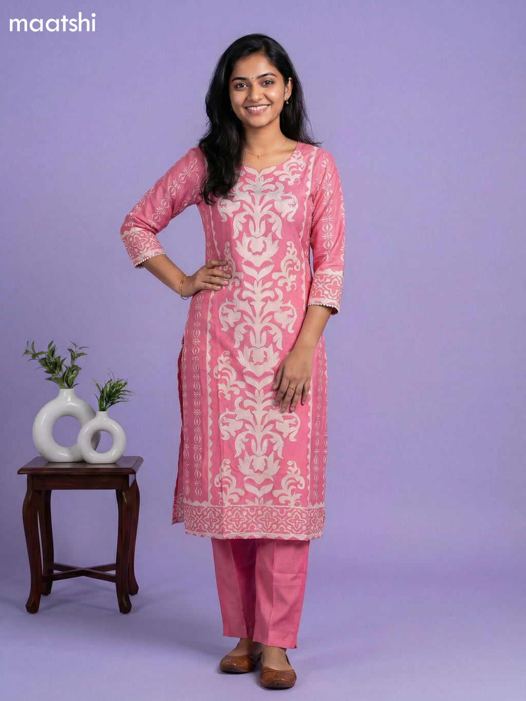Peach Pink and Off White Muslin Printed & Beaded Work Neck Pattern Straight Suit