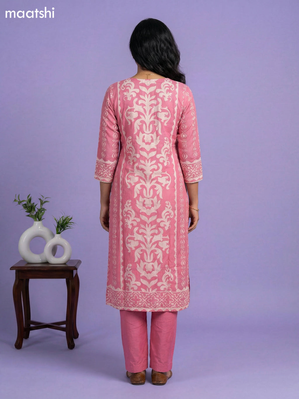 Peach Pink and Off White Muslin Printed & Beaded Work Neck Pattern Straight Suit