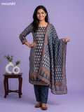 Dark Grey Crepe Silk Printed & Embroidery Work Straight Suit