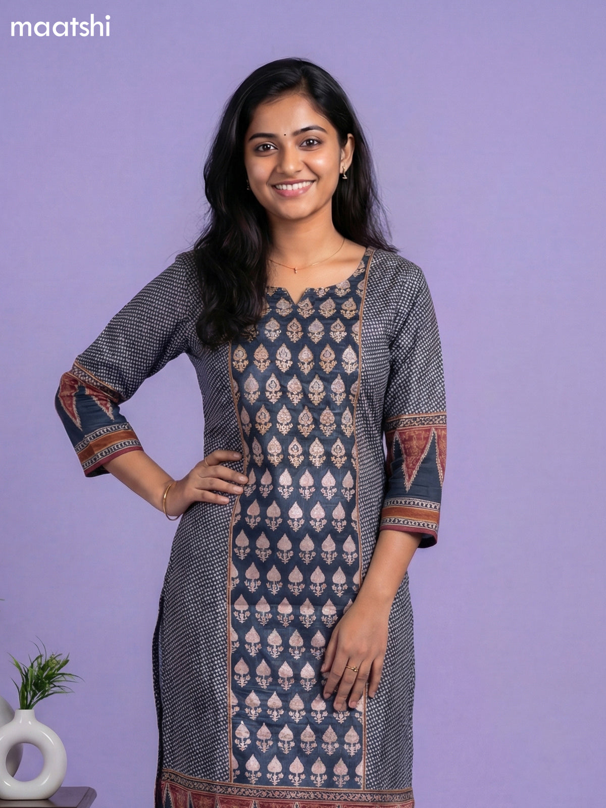 Dark Grey Crepe Silk Printed & Embroidery Work Straight Suit