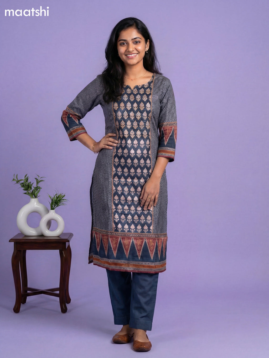 Dark Grey Crepe Silk Printed & Embroidery Work Straight Suit