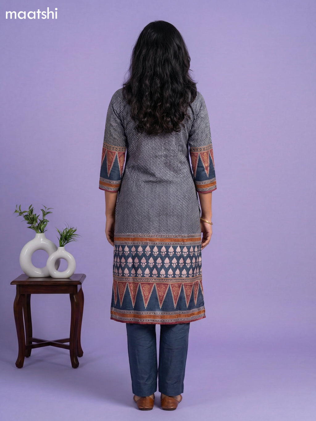 Dark Grey Crepe Silk Printed & Embroidery Work Straight Suit