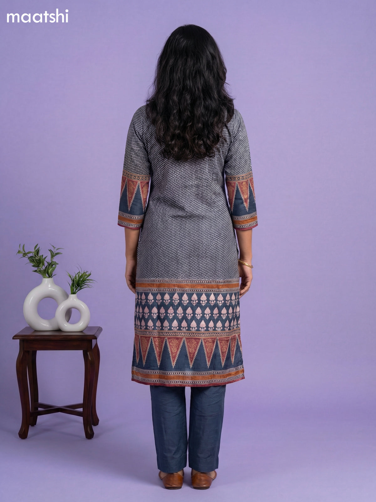 Dark Grey Crepe Silk Printed & Embroidery Work Straight Suit