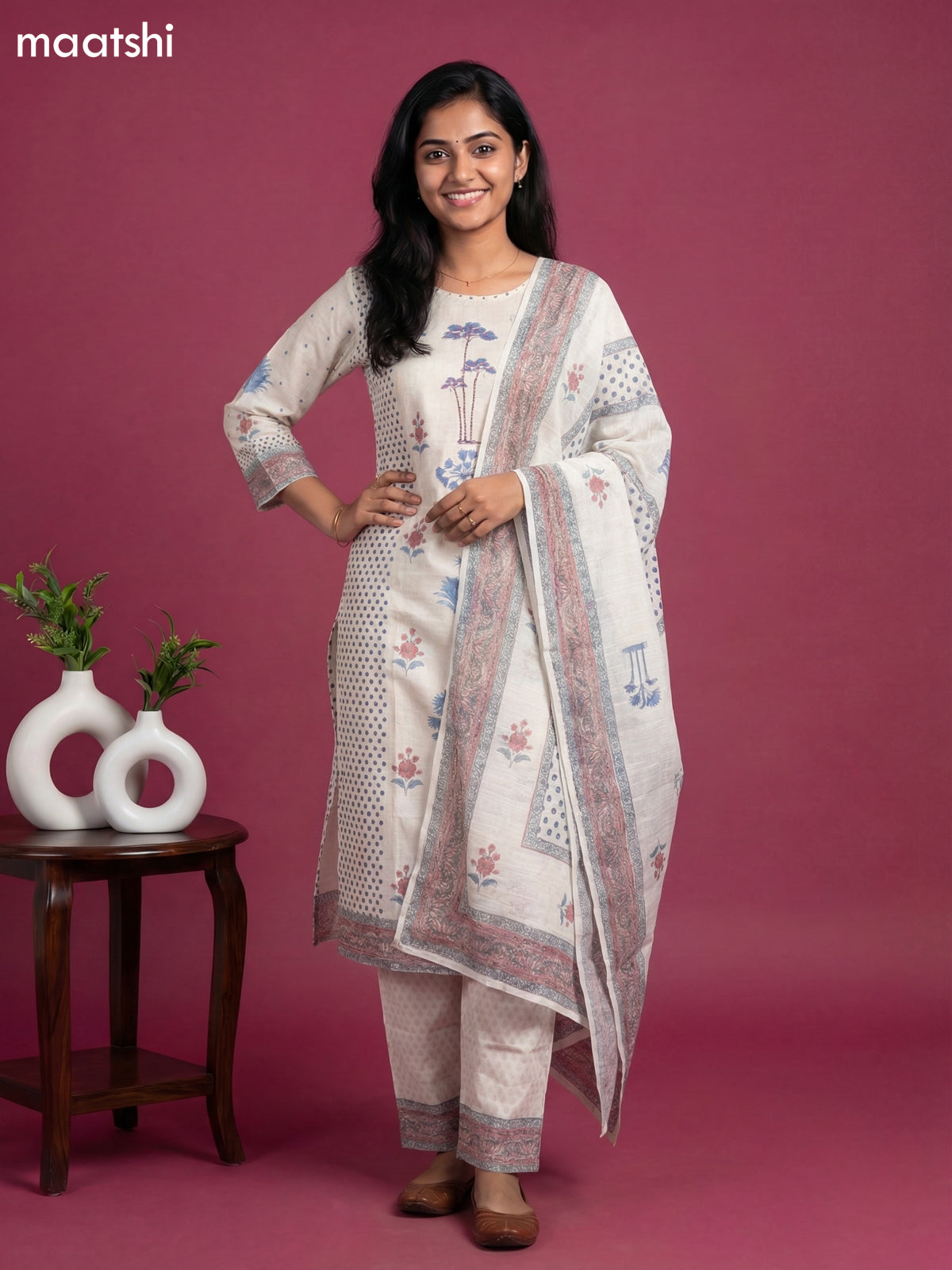 Beige Cotton Floral Printed & Embroidery Work Straight Suit