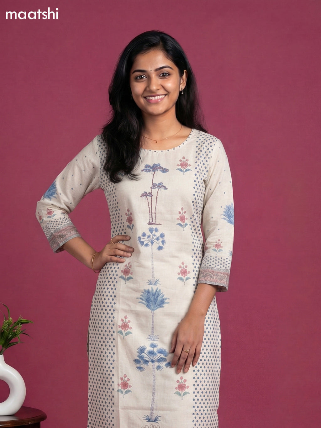 Beige Cotton Floral Printed & Embroidery Work Straight Suit