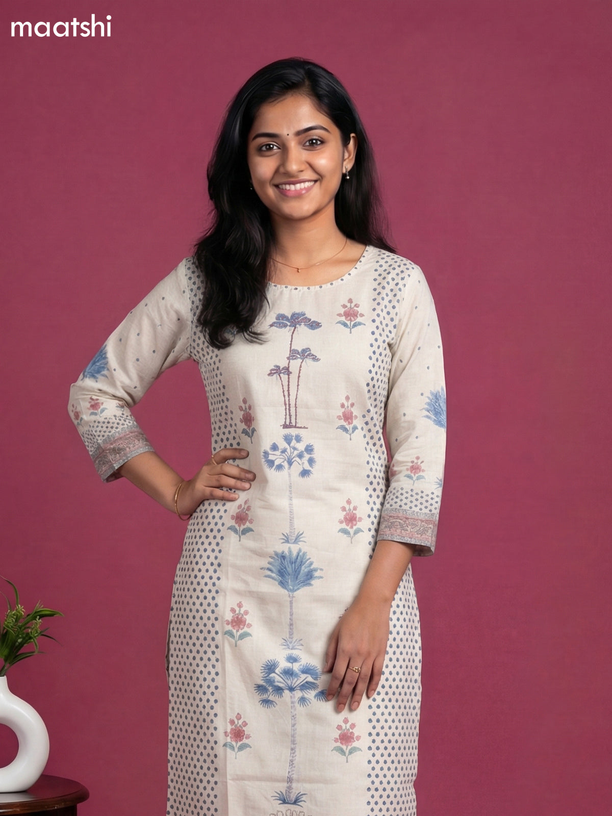 Beige Cotton Floral Printed & Embroidery Work Straight Suit