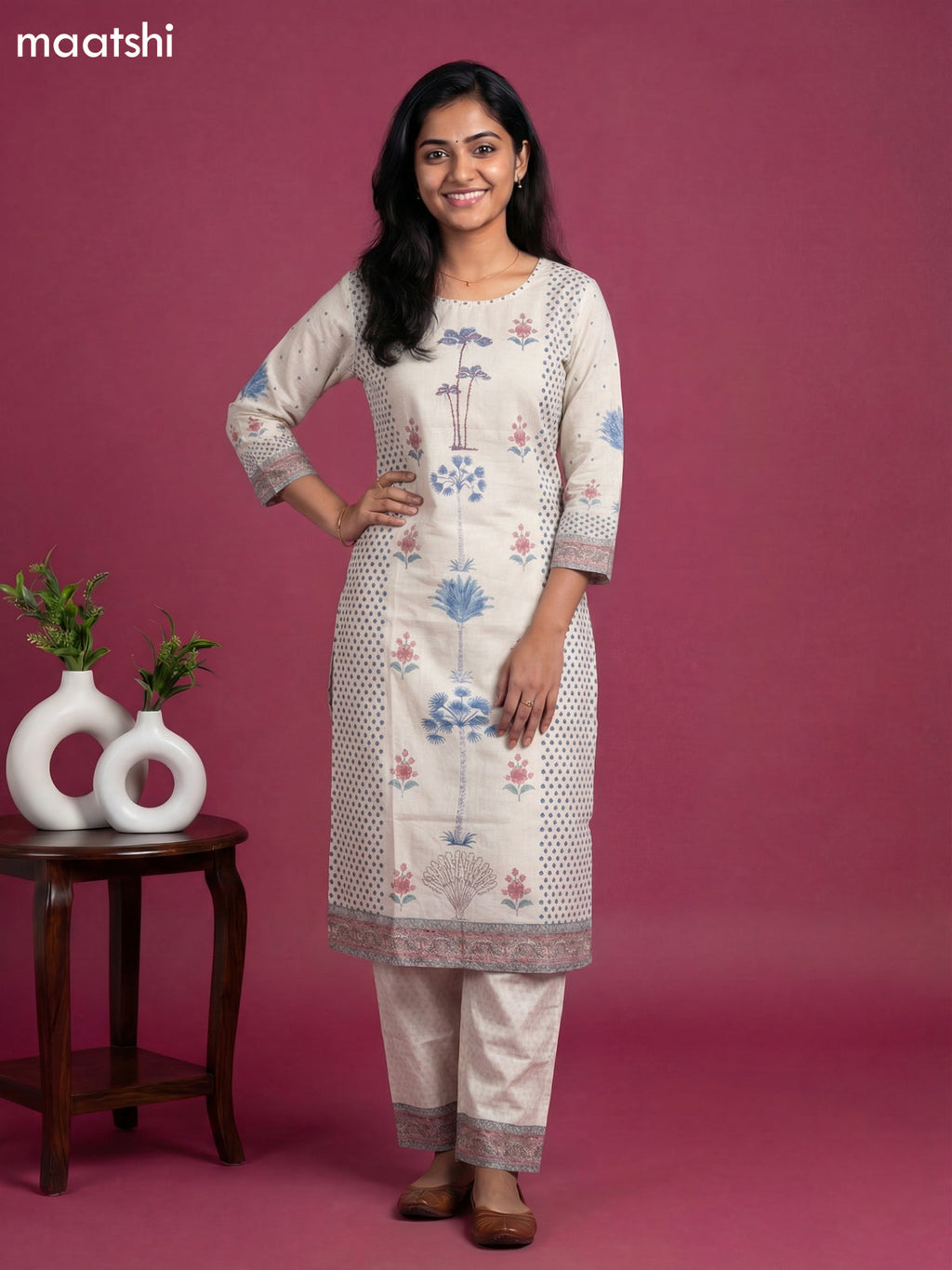 Beige Cotton Floral Printed & Embroidery Work Straight Suit
